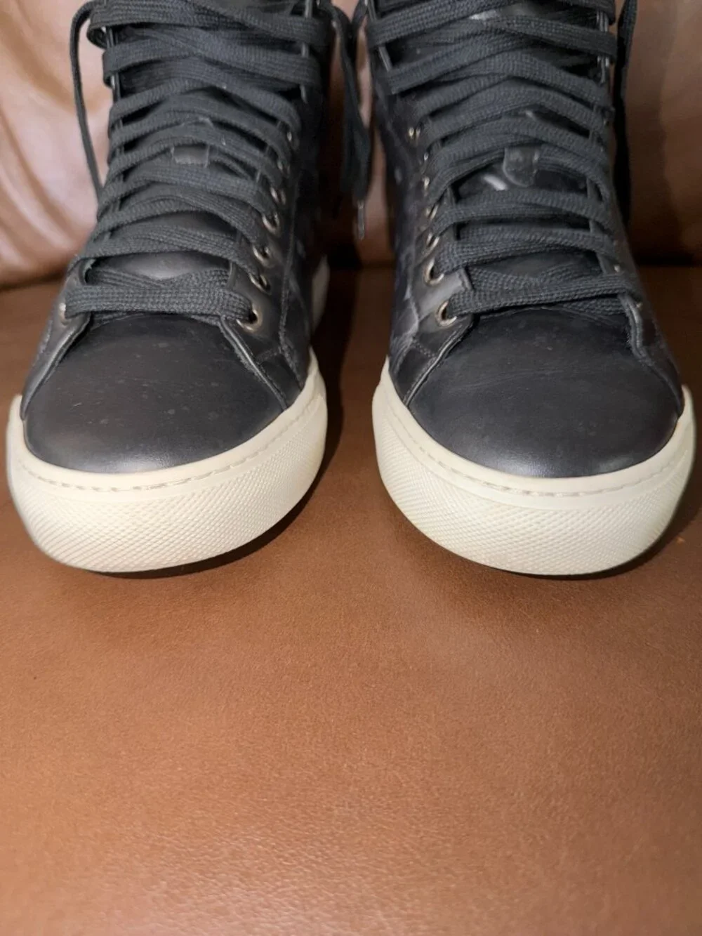 MCM Black Visetos High-Top Leather Sneakers - AUTHENTIC